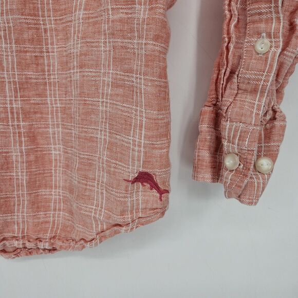 Tommy Bahama Shirt Mens XXL Linen Long Sleeve Pink Salmon Check Button Up Casual - Picture 3 of 11